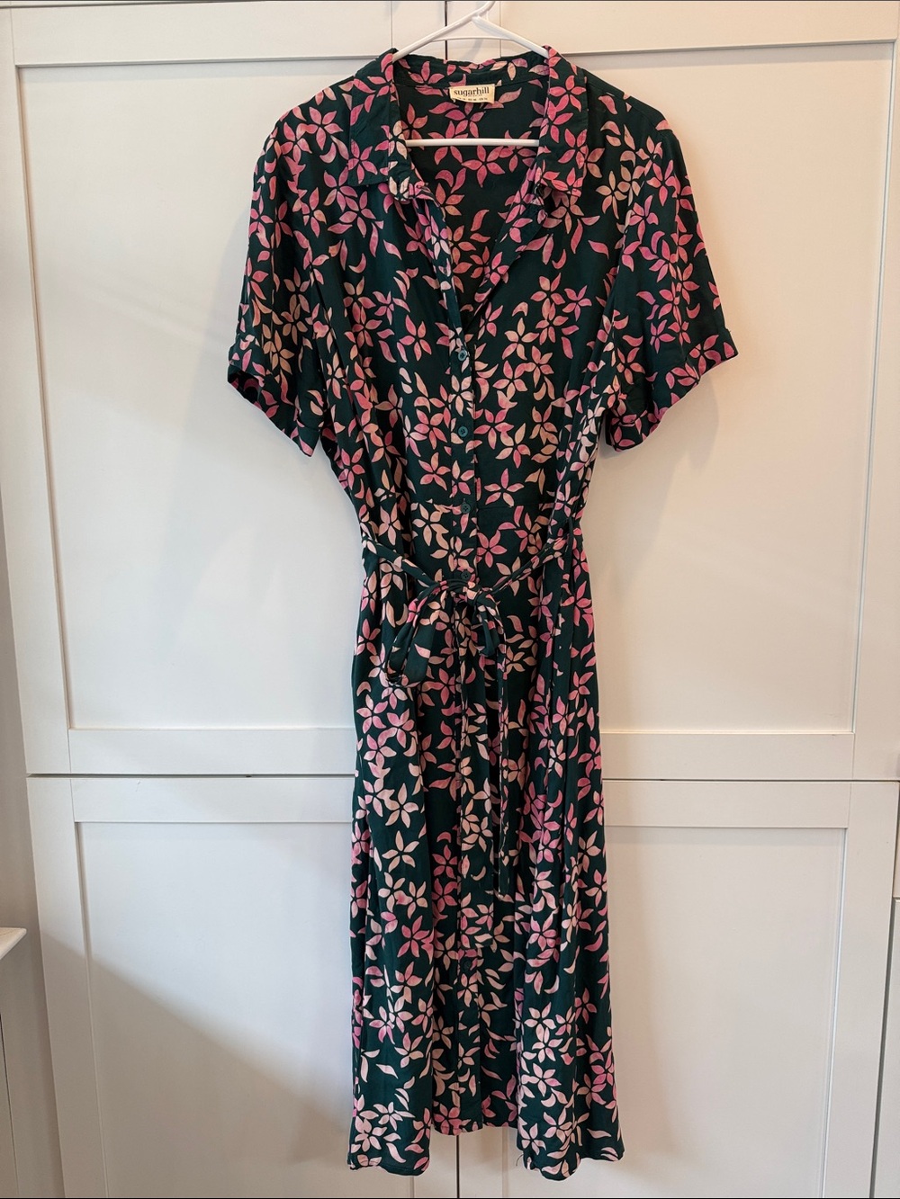 Sugarhill Brighton Floral Shirt Dress Green Pink Tie Waist Midi Size US 14